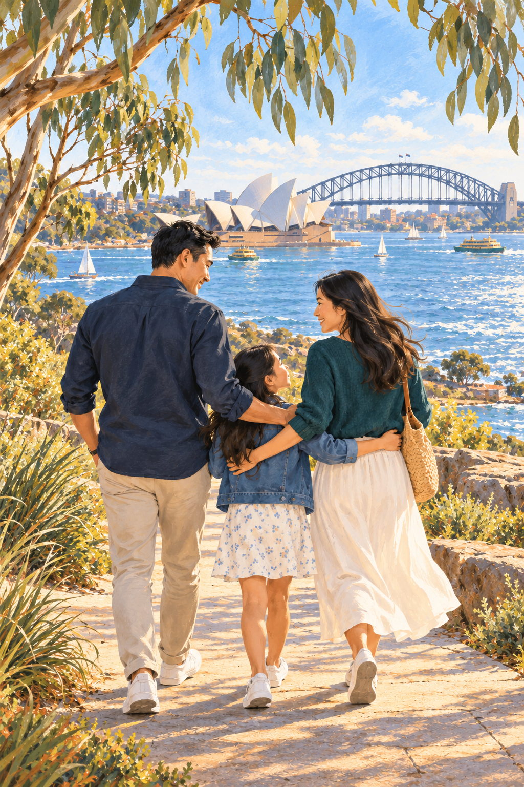 Illustration of a family overlooking Sydney Harbour